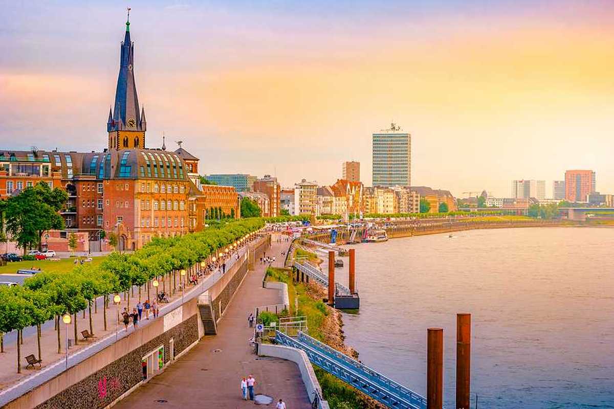 A view of the German city of Dusseldorf with the Rhine River flowing alongside it