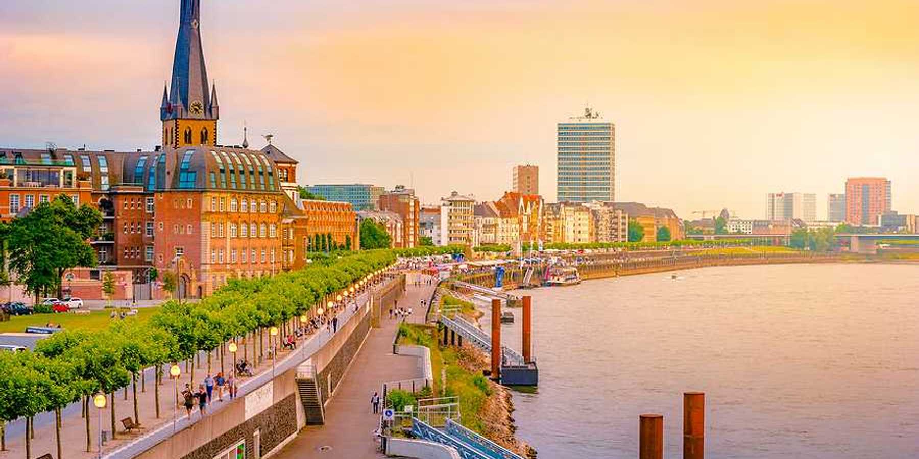 A view of the German city of Dusseldorf with the Rhine River flowing alongside it