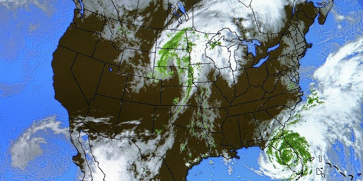 A view of the United States map with various weather systems shown.