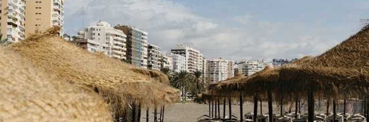 A view of umbrellas on a sandy beach with buildings in the background