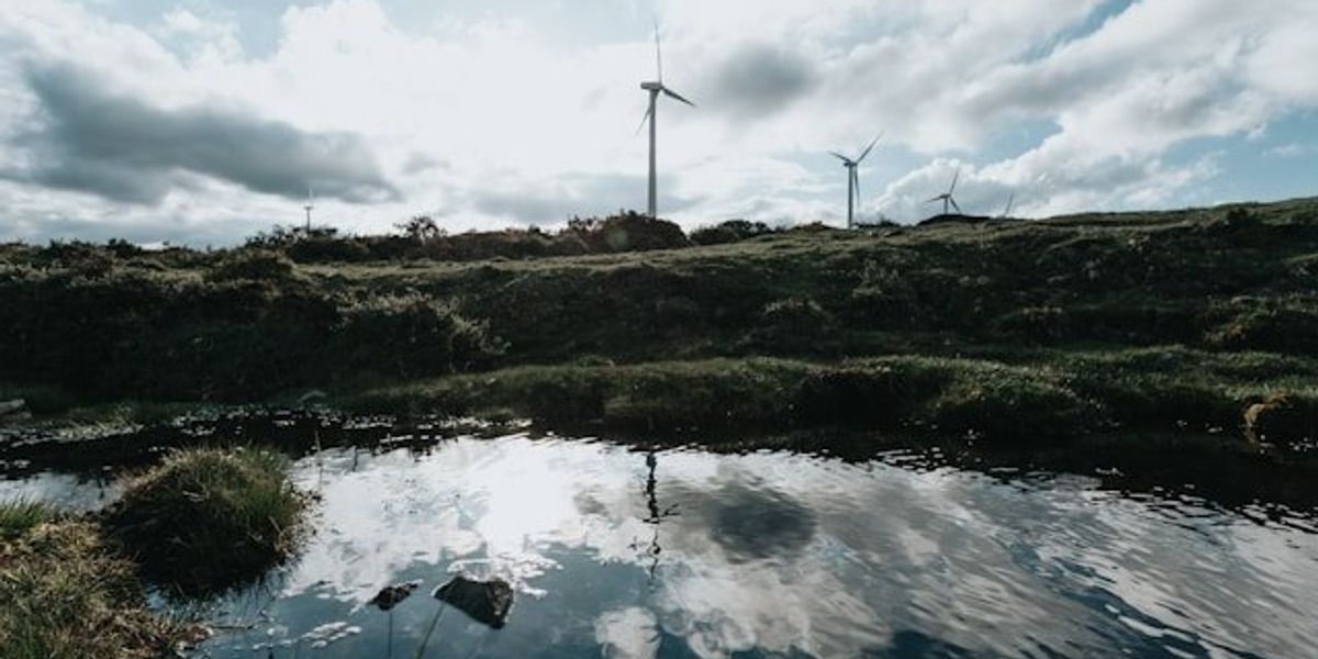 A view of water with wind turbines in the distance.