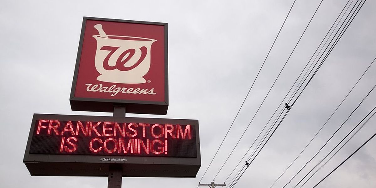 A Walgreens sign with the words 'Frankenstorm is coming!'