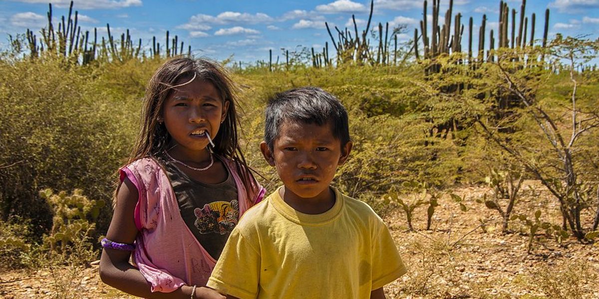 A Wayuu Indigenous girl and boy outside against a background of cacti and other desert flora.