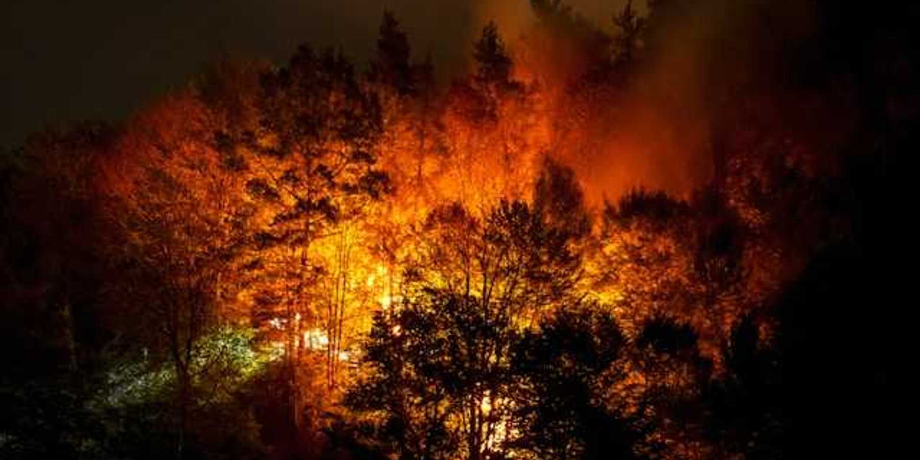 A wildfire on a hillside at night