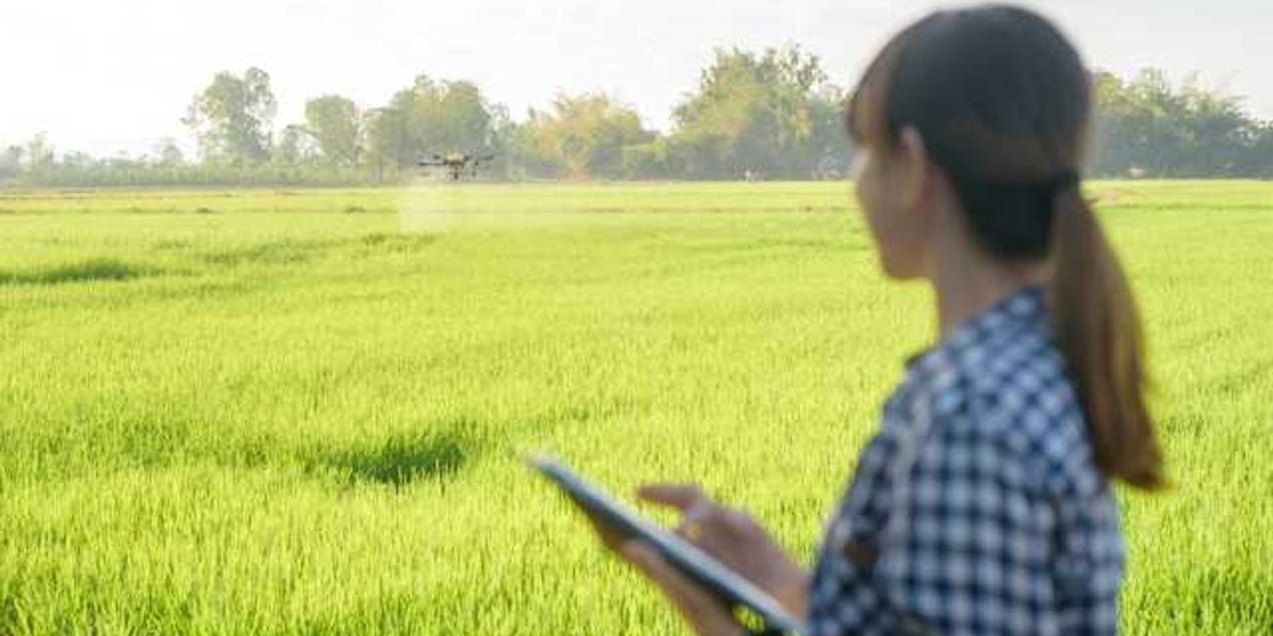 A woman holding a tablet looking out over a green farm field with a drone in the distance