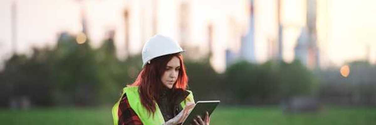 A woman with a hard hat and clip board standing in front of an oil refinery in the distance