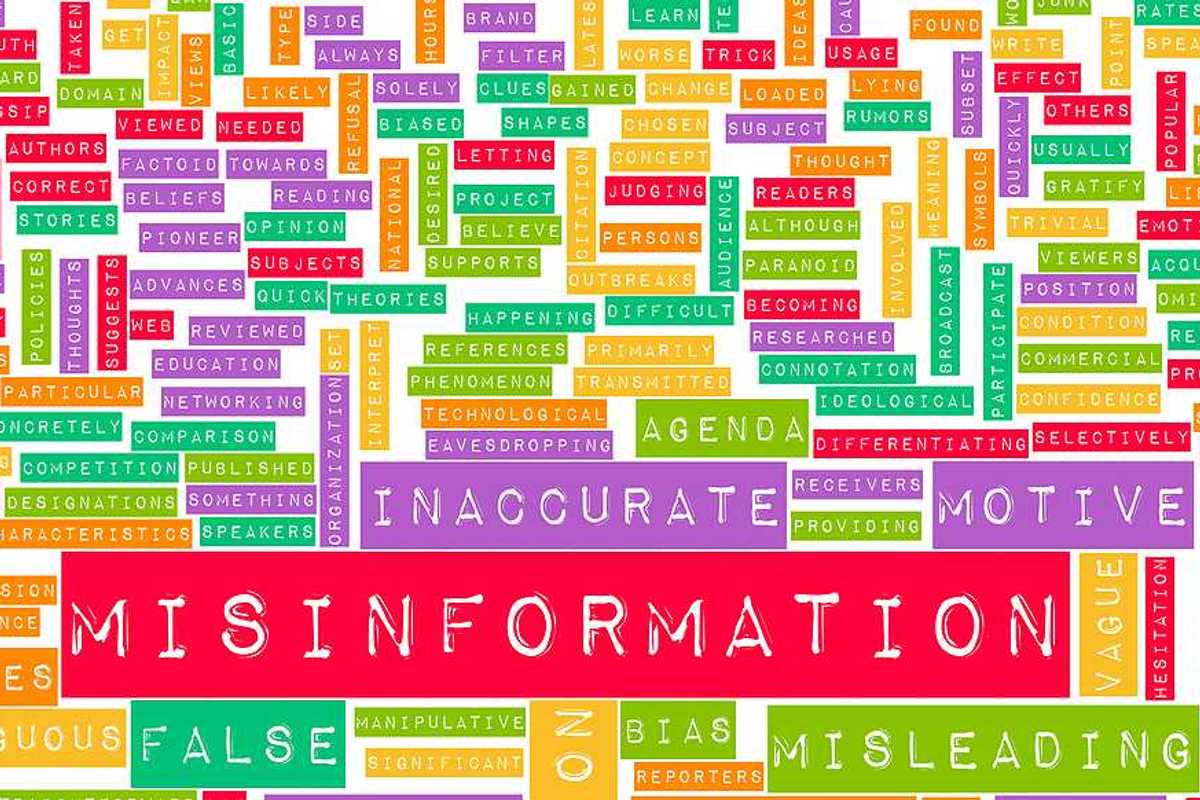A word map with words like misinformation, misleading, and inaccurate in large type