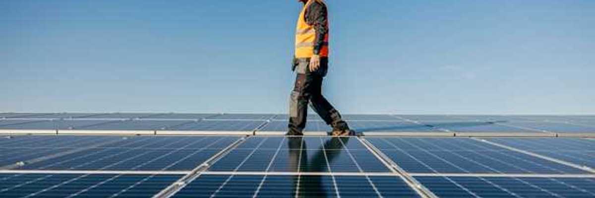 A worker walking among solar panels