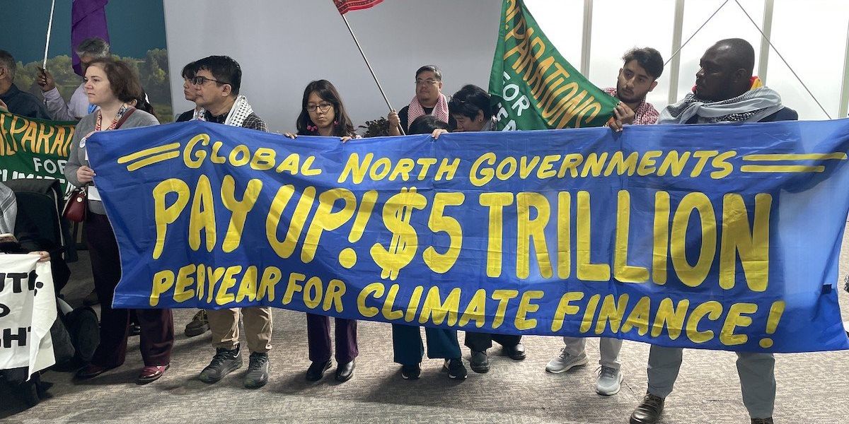 Activists hold up banners at COP29 about finance negotiations.