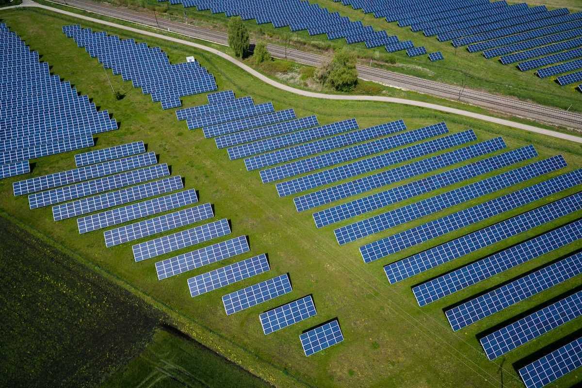 Aerial drone photo of a solar installation in rural countryside