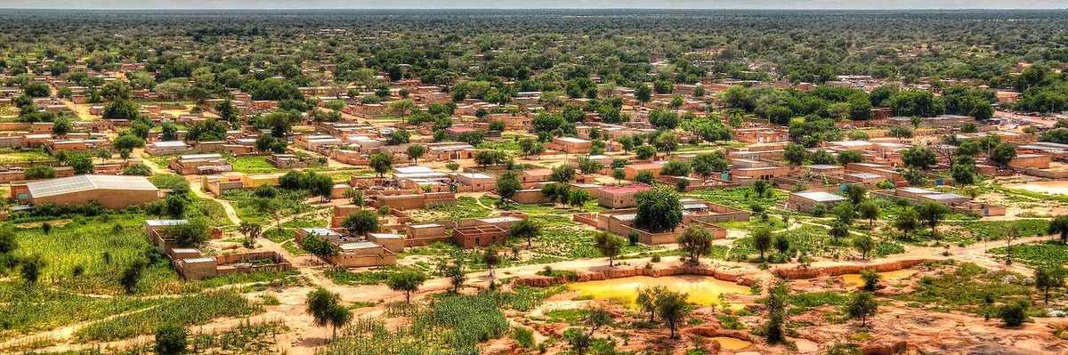Aerial panoramic landscape view of Sahel and oasis at Dogondoutchi, Niger