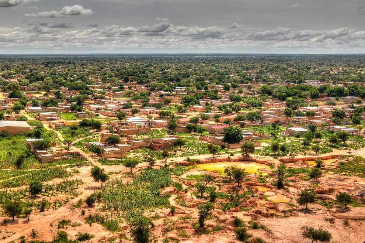 Aerial panoramic landscape view of Sahel and oasis at Dogondoutchi, Niger