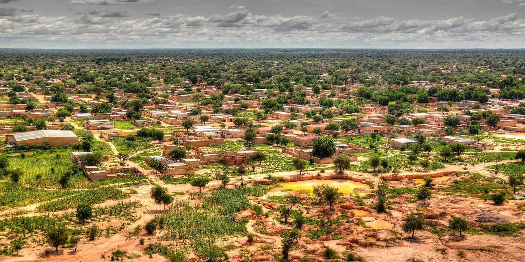 Aerial panoramic landscape view of Sahel and oasis at Dogondoutchi, Niger