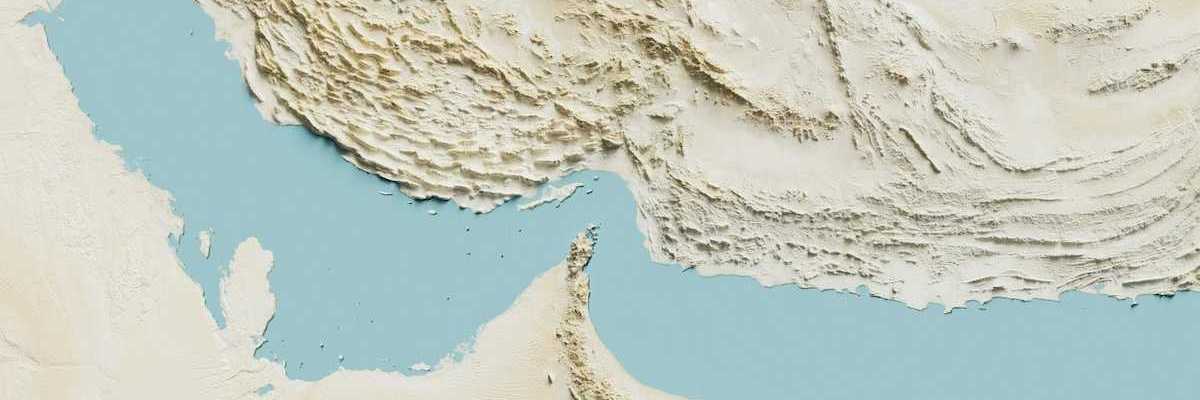 Aerial satellite view of Persian Gulf and Strait of Hormuz