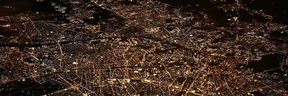 Aerial view of a city at night