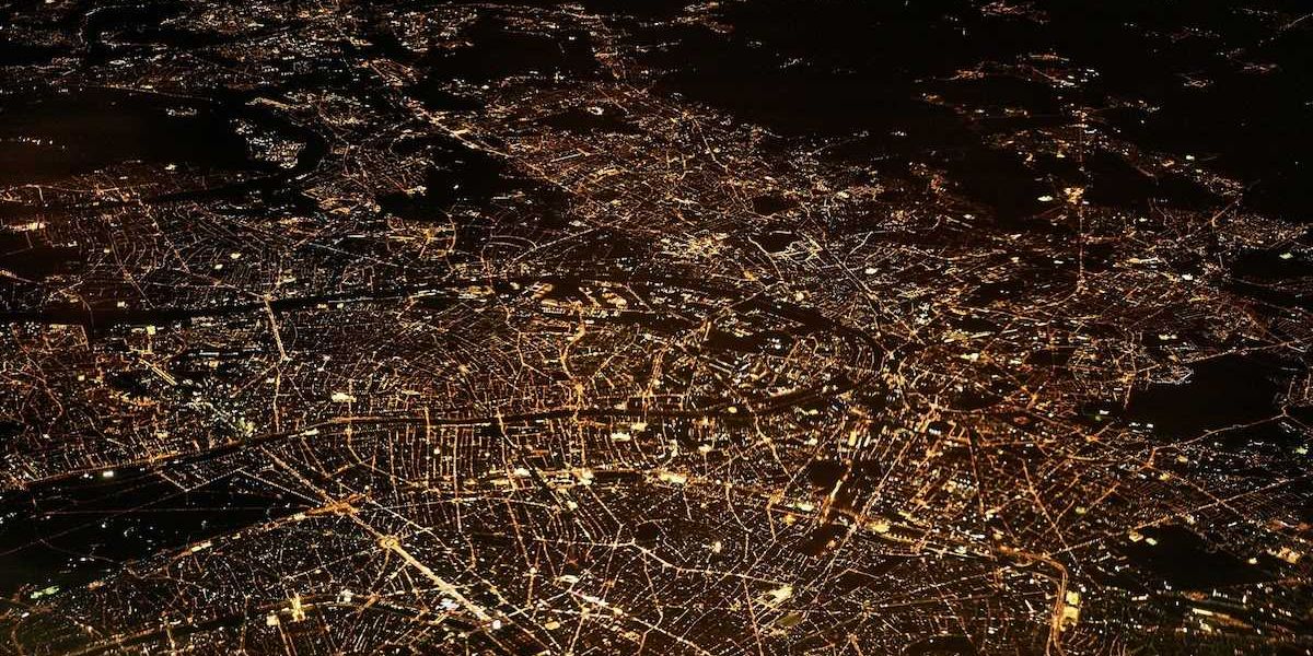 Aerial view of a city at night