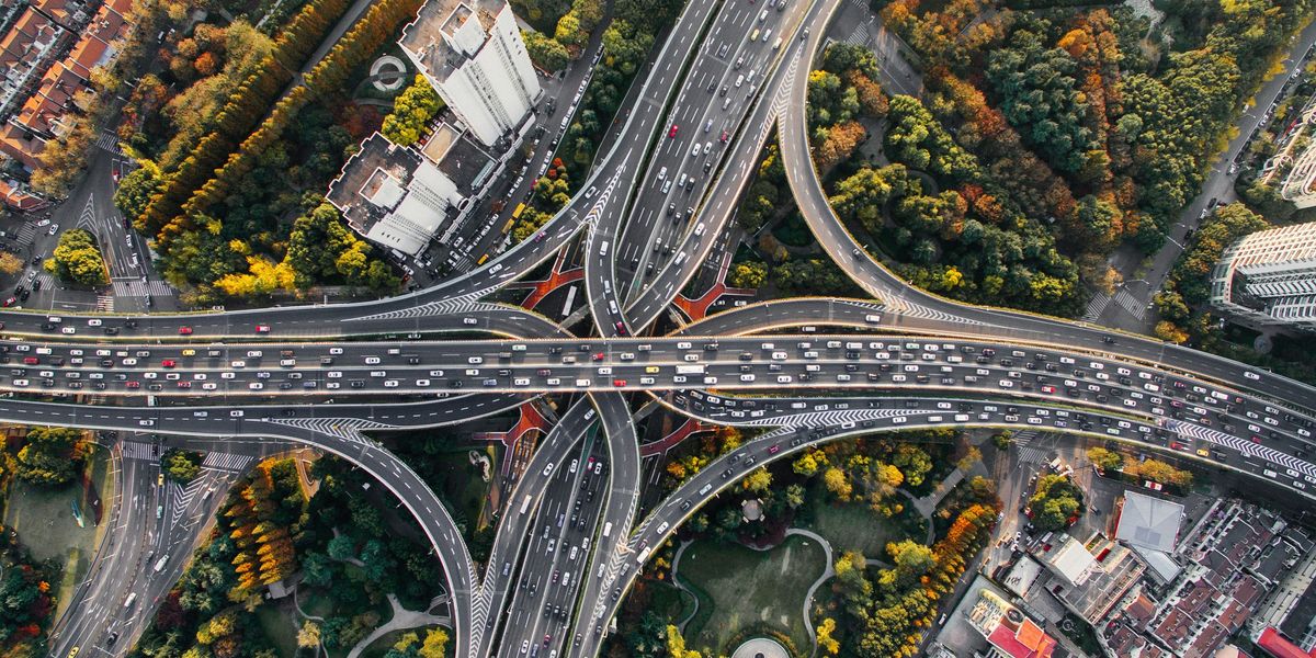 aerial view of a massive crisscrossing highway