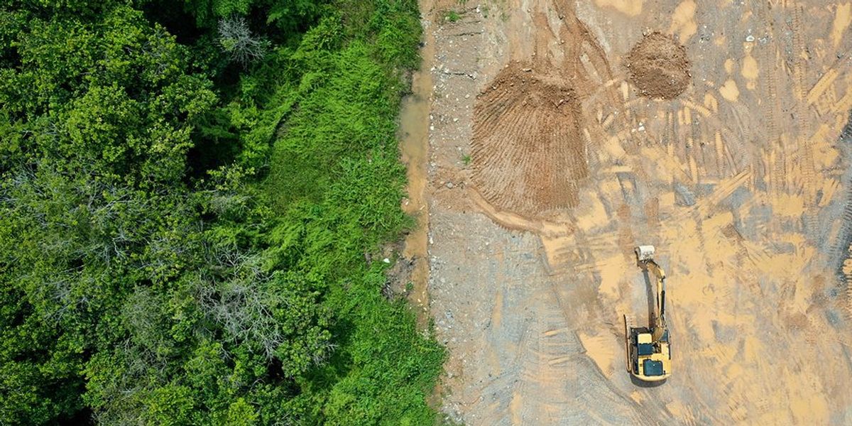 Aerial view of heavy machinery clearing a forest.