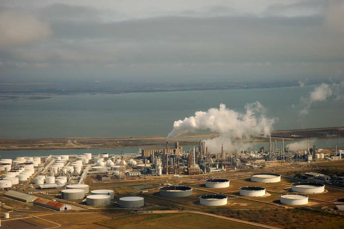 Aerial view of liquid storage tanks and the coast in Corpus Christi Texas