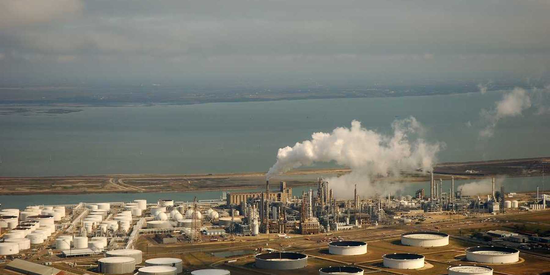 Aerial view of liquid storage tanks and the coast in Corpus Christi Texas