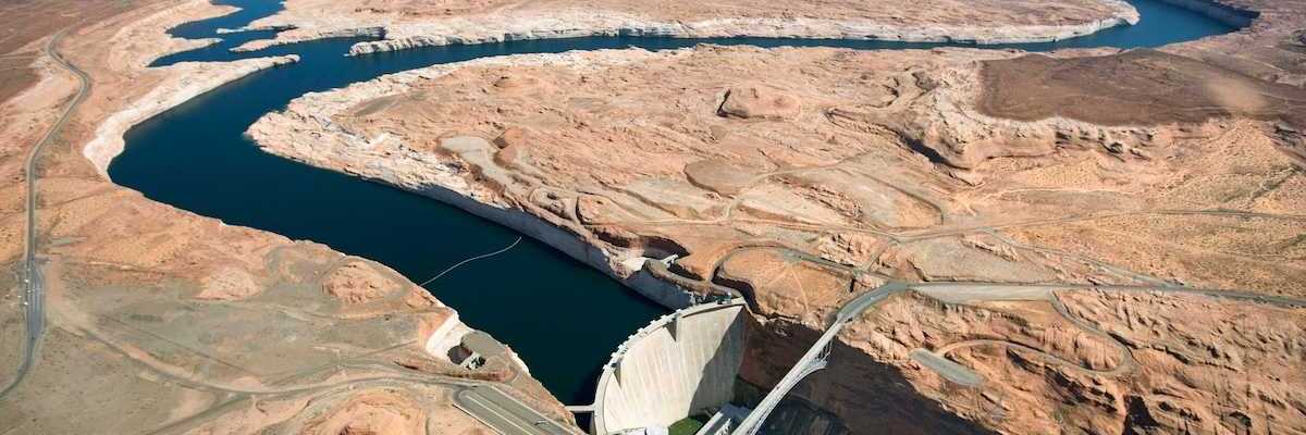 Aerial view of lower end of Lake Powell and Glen Canyon Dam