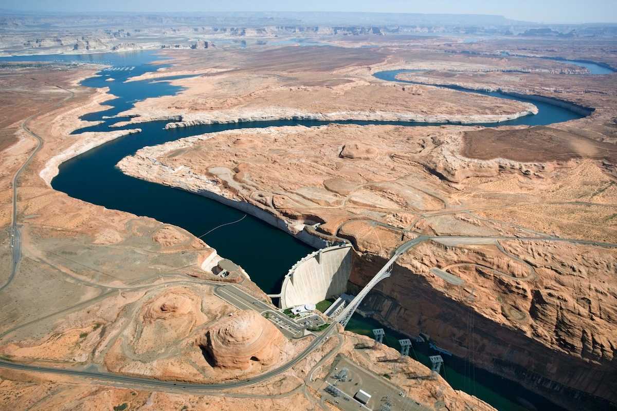 Aerial view of lower end of Lake Powell and Glen Canyon Dam