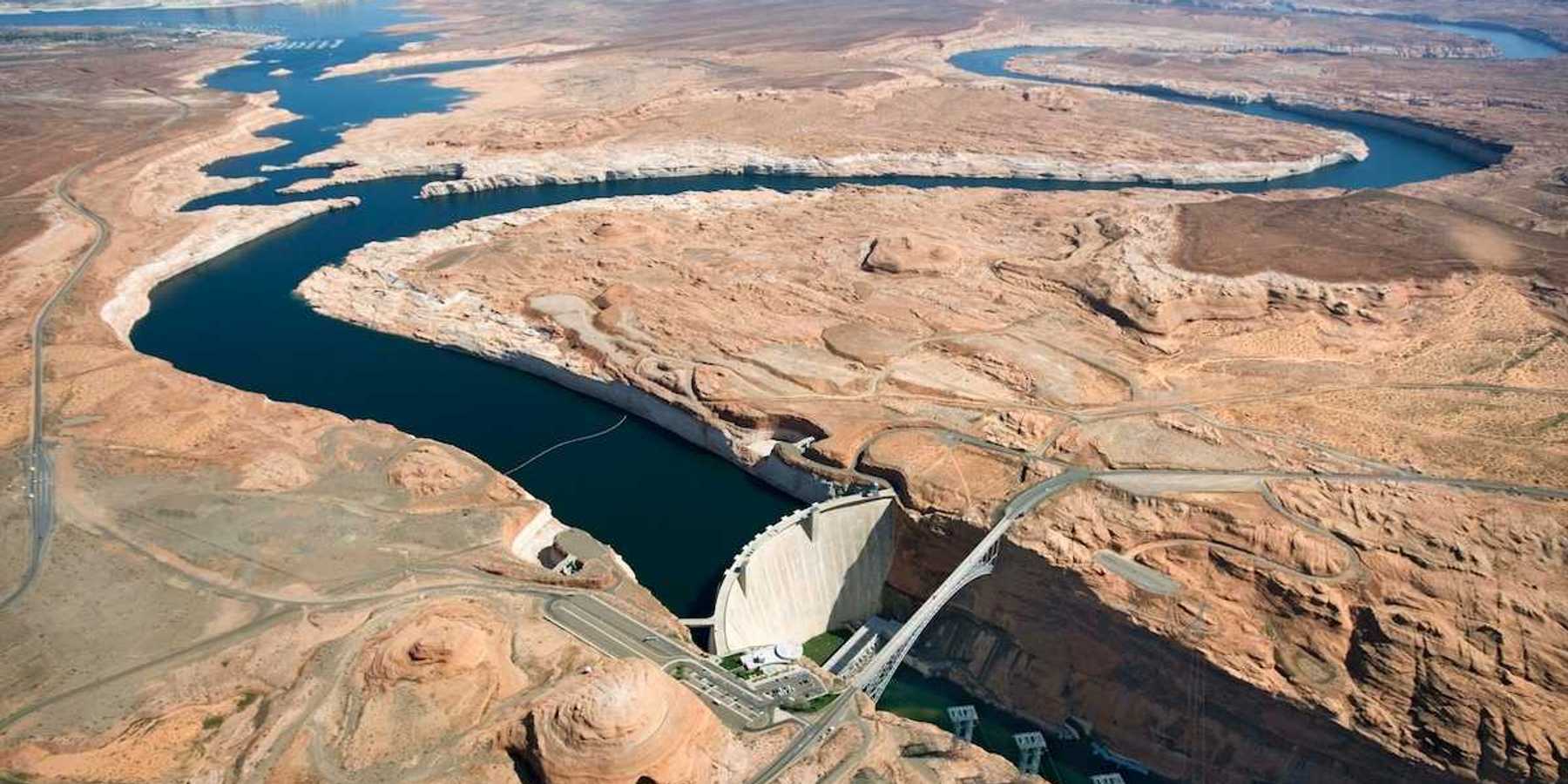 Aerial view of lower end of Lake Powell and Glen Canyon Dam