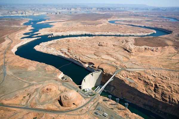 Aerial view of lower end of Lake Powell and Glen Canyon Dam