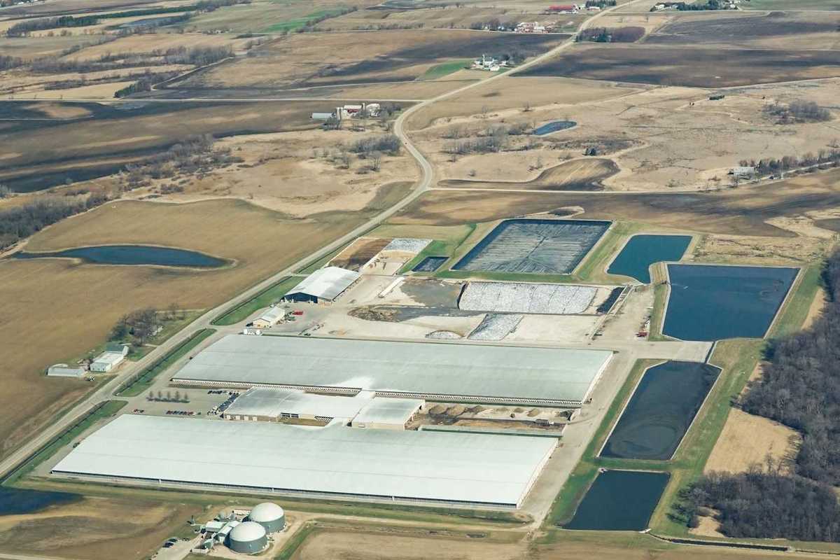 Aerial view of Rosendale Dairy, a CAFO (concentrated animal feeding operation) in Rosendale, Wisconsin.