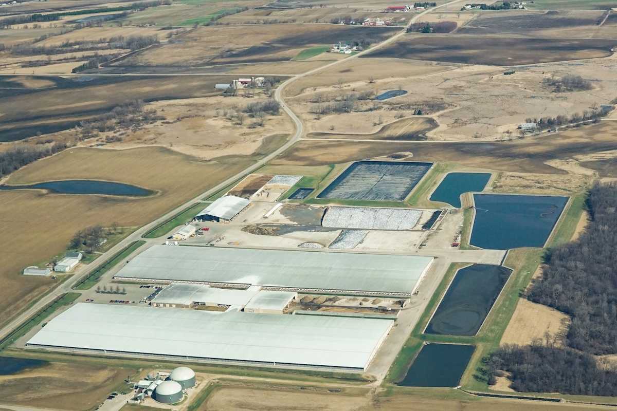 Aerial view of Rosendale Dairy, a CAFO (concentrated animal feeding operation) in Rosendale, Wisconsin.