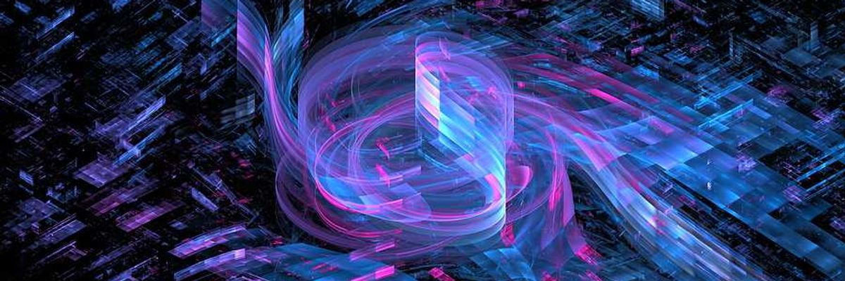 An abstract illustration of a 3d space with pink and blue shapes