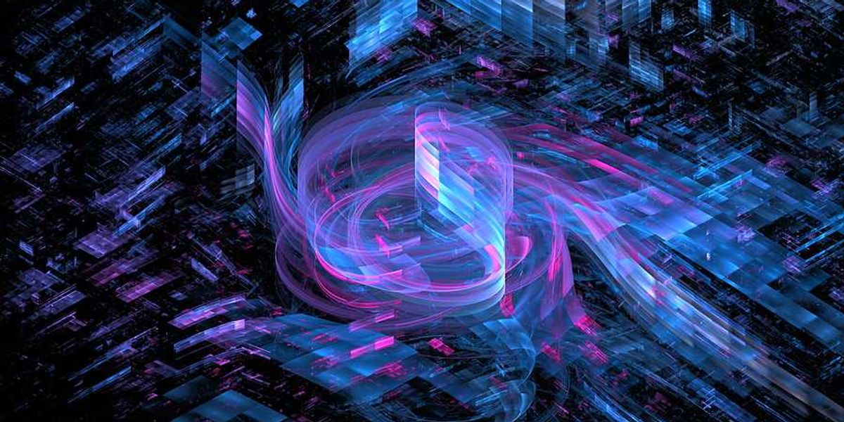 An abstract illustration of a 3d space with pink and blue shapes