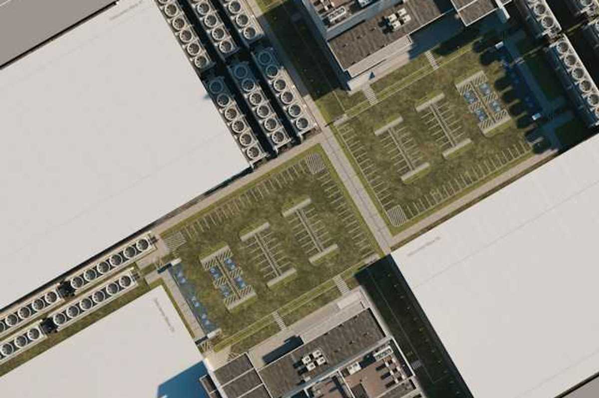 An aerial view of a complex of buildings