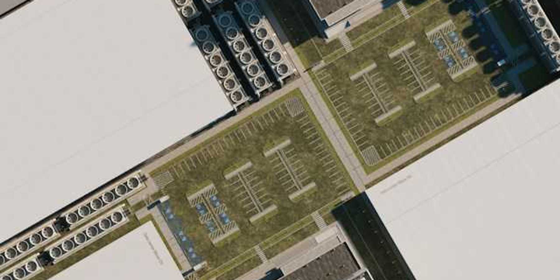 An aerial view of a complex of buildings