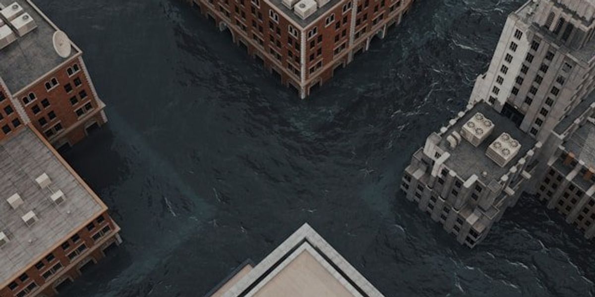 An aerial view of a flooded city.