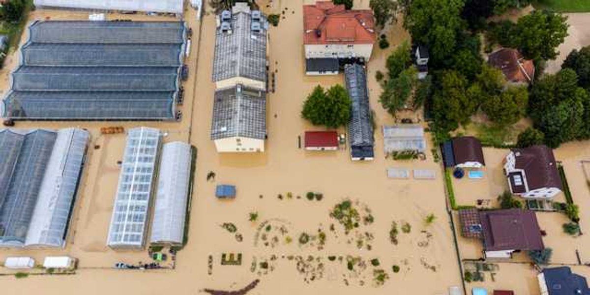 An aerial view of a flooded farm