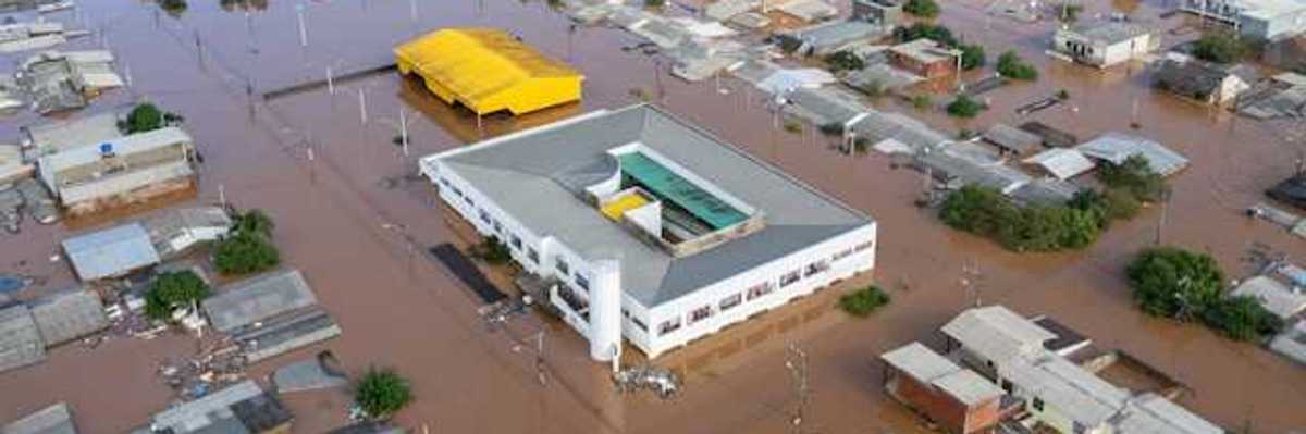 An aerial view of a flooded town