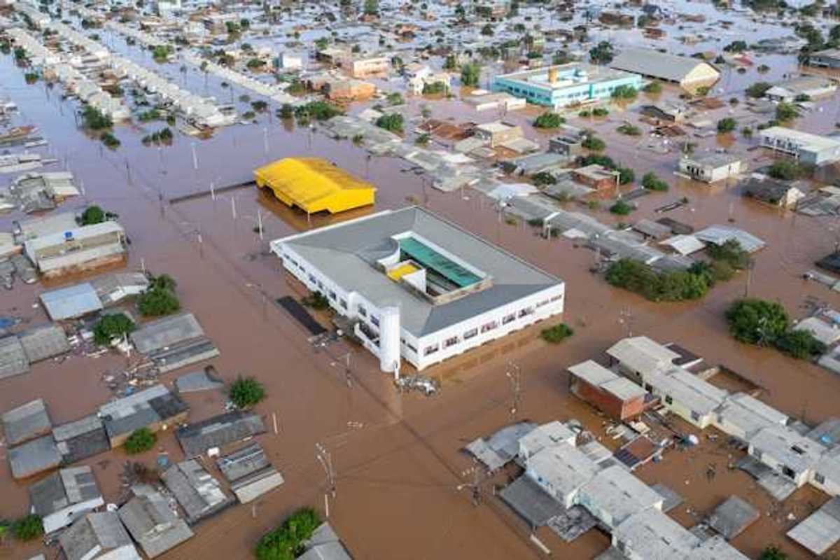An aerial view of a flooded town
