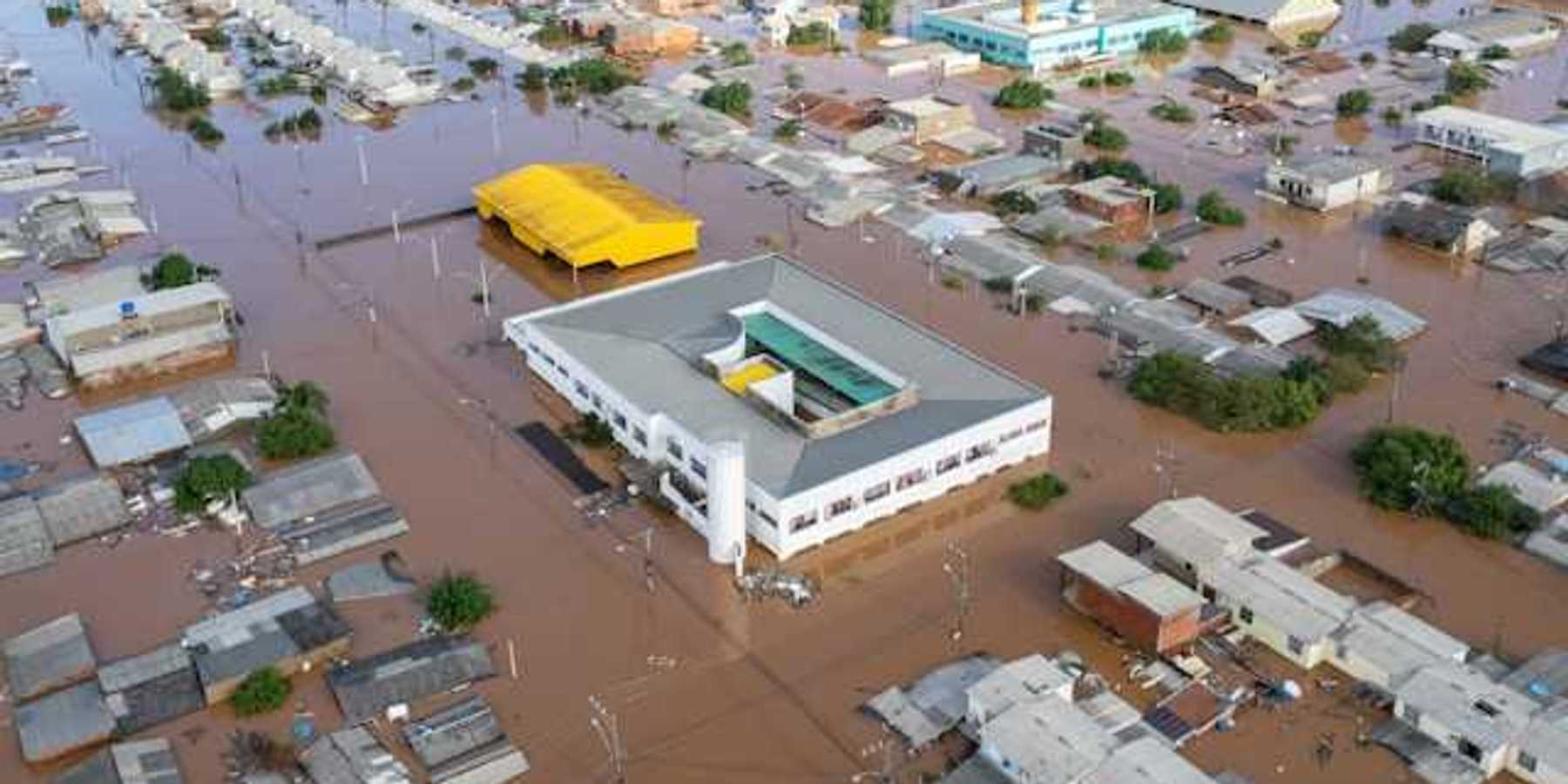 An aerial view of a flooded town