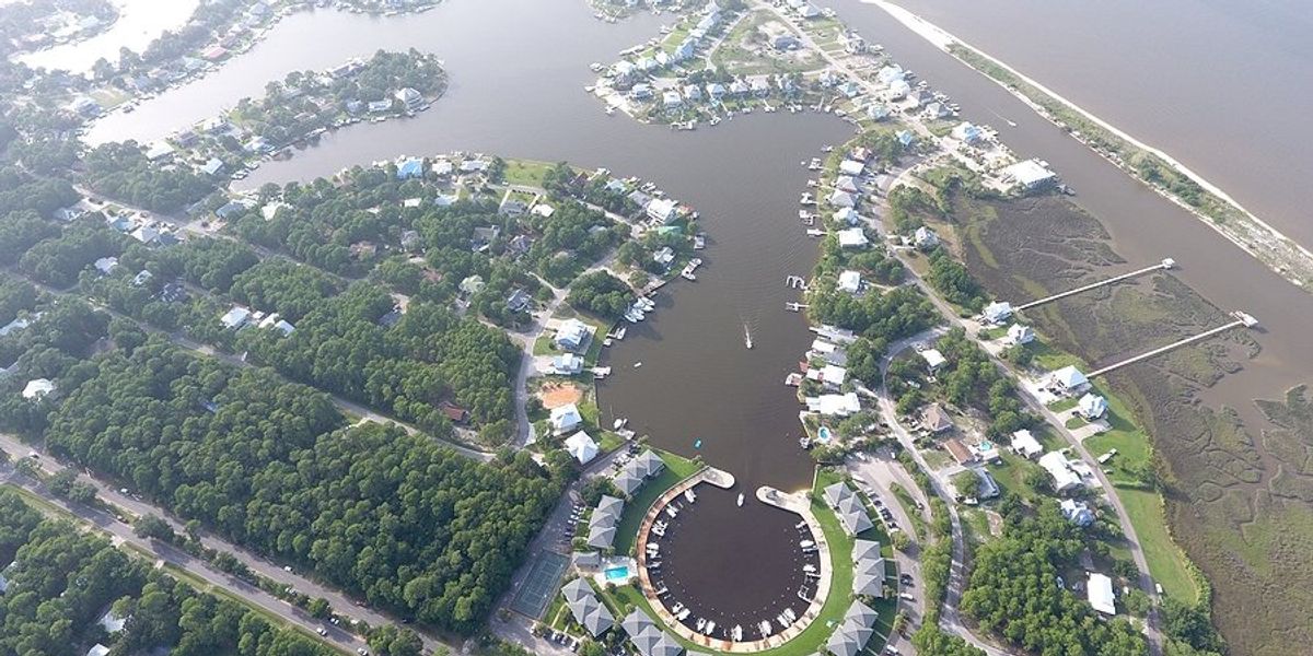 An aerial view of a marina on Dauphin Island in Alabama.