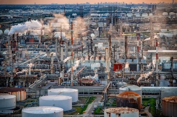 An aerial view of a refinery with a city in the background.