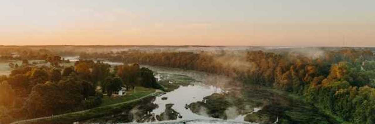 An aerial view of a river with bushes and trees lining it