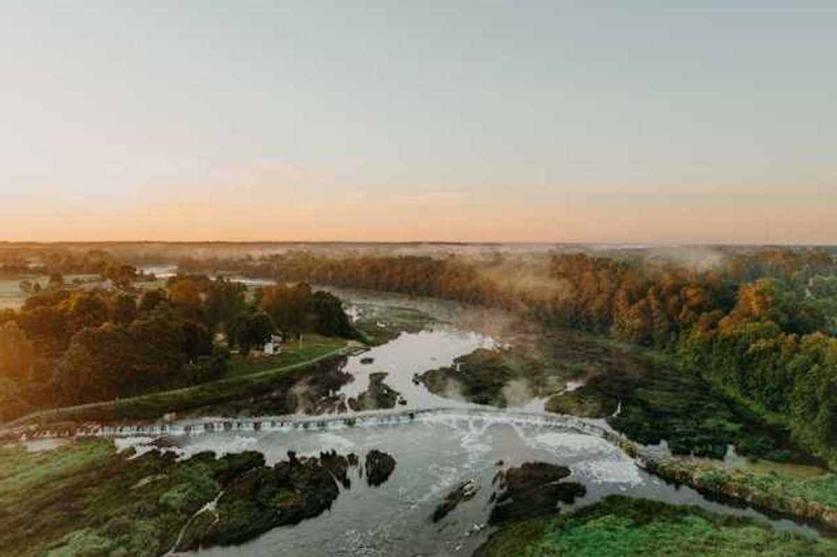 An aerial view of a river with bushes and trees lining it