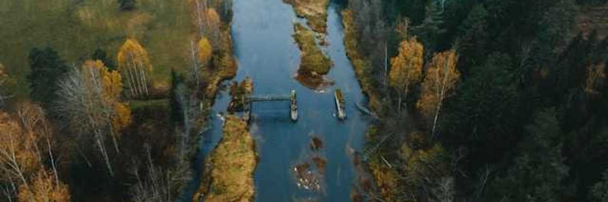 An aerial view of a river with trees that are green, yellow, and bare