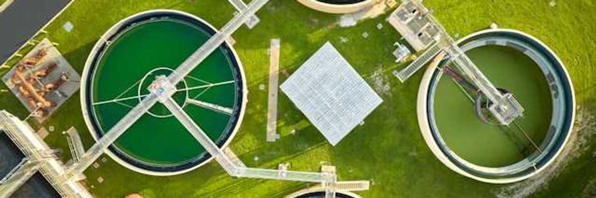 An aerial view of a wastewater plant