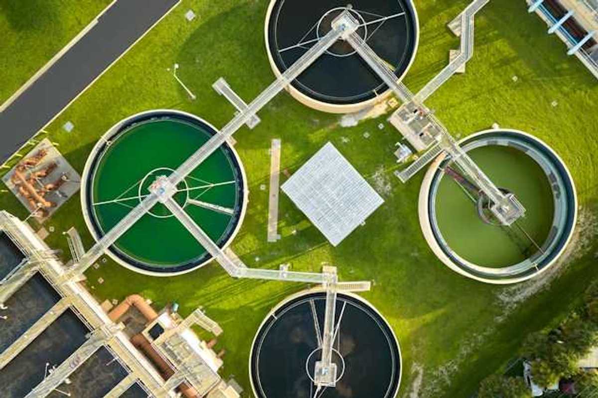 An aerial view of a wastewater plant