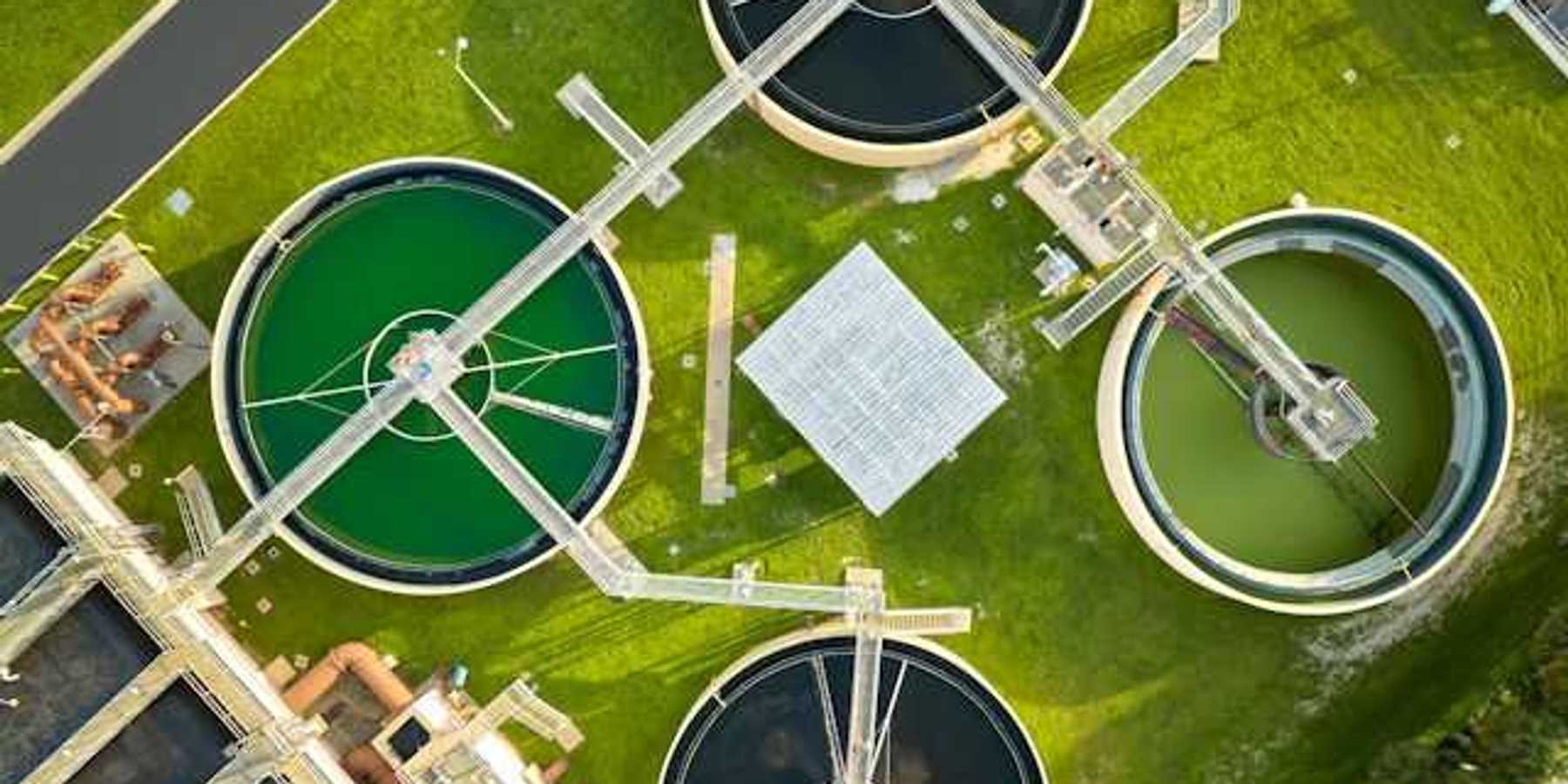 An aerial view of a wastewater plant