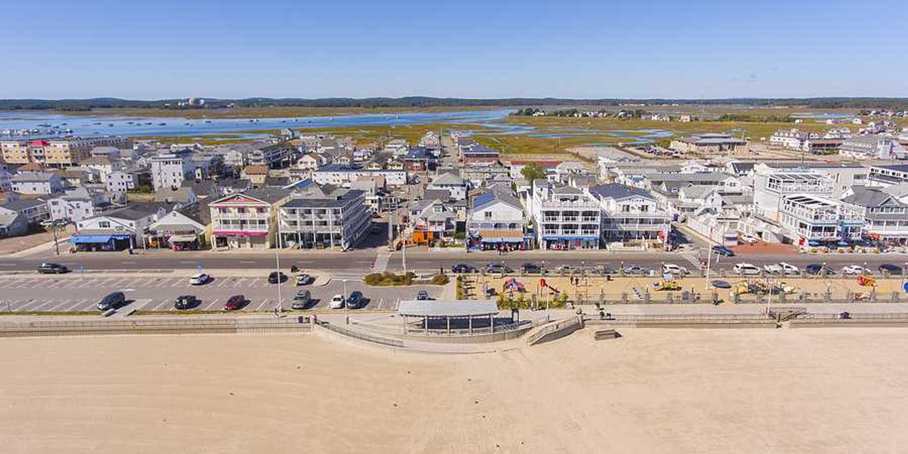 An aerial view of historic waterfront buildings on Ocean Boulevard and Hampton Beach State Park, Town of Hampton, New Hampshire NH