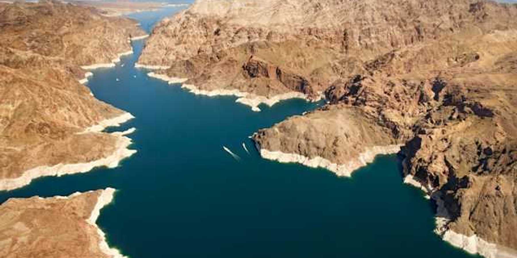 An aerial view of Lake Mead with lower water levels showing