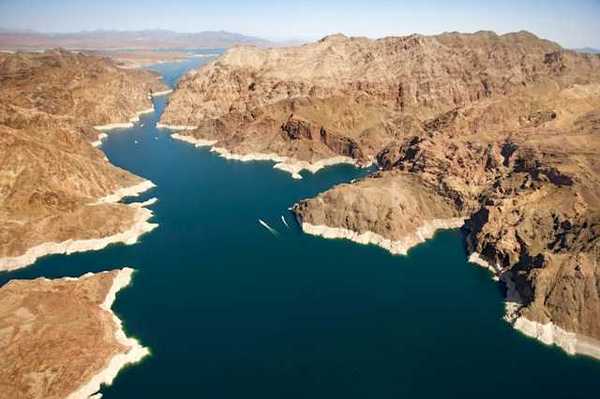 An aerial view of Lake Mead with lower water levels showing
